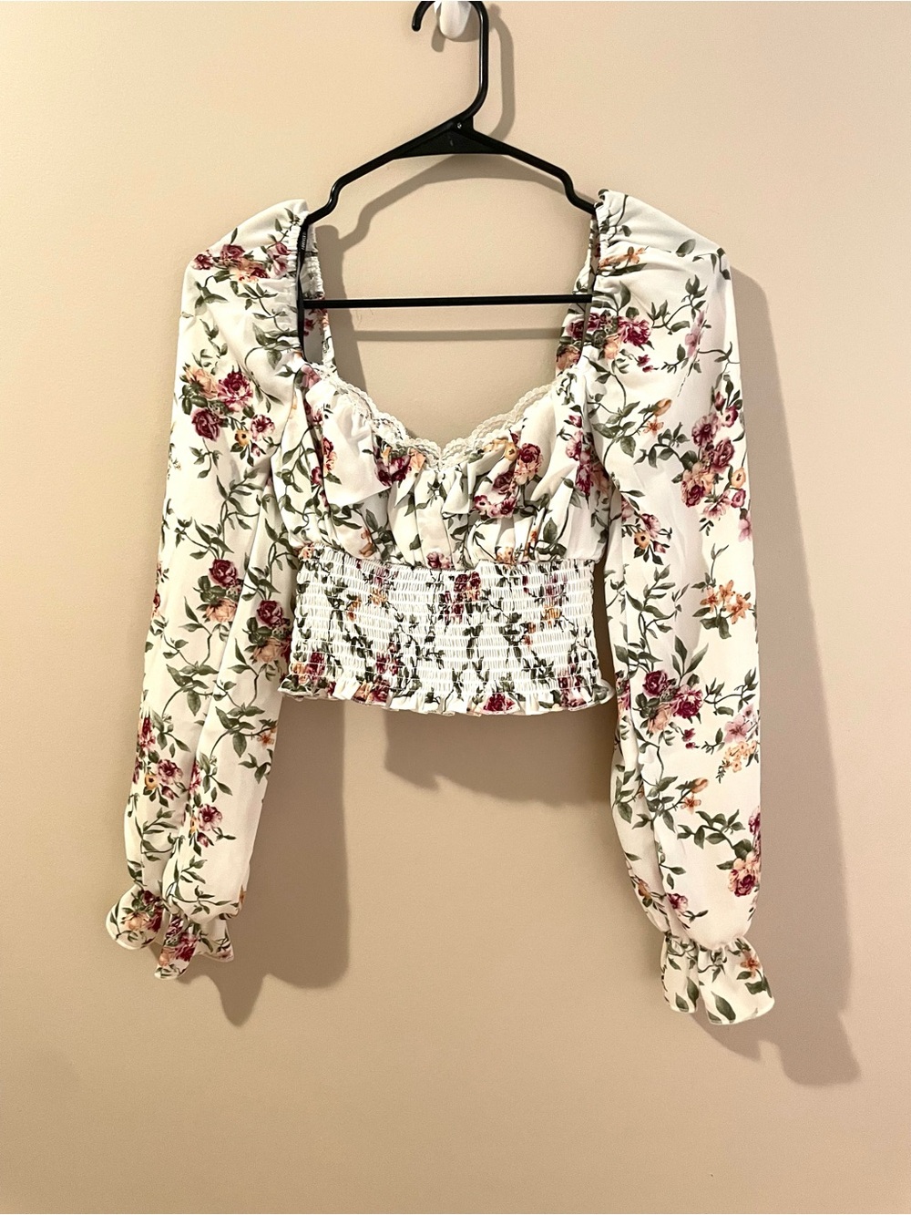 Forever 21 White Floral Smocked Crop Top with Puff Sleeves